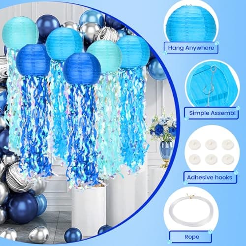 Jellyfish Paper Lanterns,Under The Sea Party Decorations 6Pack with String and Hooks,Hanging Jelly Fish for Mermaid,Ocean Themed,Birthday,Party(Blue 8Inch) - Thumbnail 3