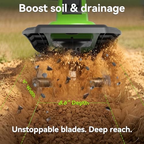 21V Cordless Tiller Cultivator, 8.0Ah Total Power(2×4.0Ah Bat+Bat Charger), 360RPM Electric Garden Tiller,9" Width & 8.6" Depth, SK5 Steel Blades, 3-Stage Adjustable for Garden, Raised Beds & Lawns - Thumbnail 6