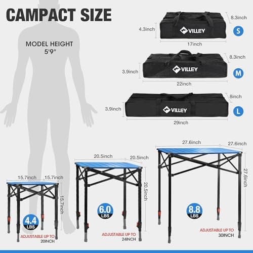 VILLEY Folding Camping Square Table with Carry Bag, Lightweight Aluminum Adjustable Square Table for Outdoor, Camping, Picnic, Backyards, BBQ, Medium - Thumbnail 3