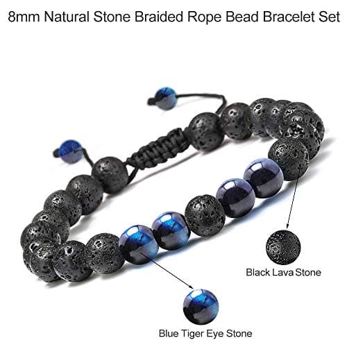 M MOOHAM Natural Bead Bracelet - Gem Semi Precious Stone Round Bead Black Lava Rock Blue Tiger Eye Beads Bracelet Adjustable Bracelets Birthday Gifts for Men - Thumbnail 6