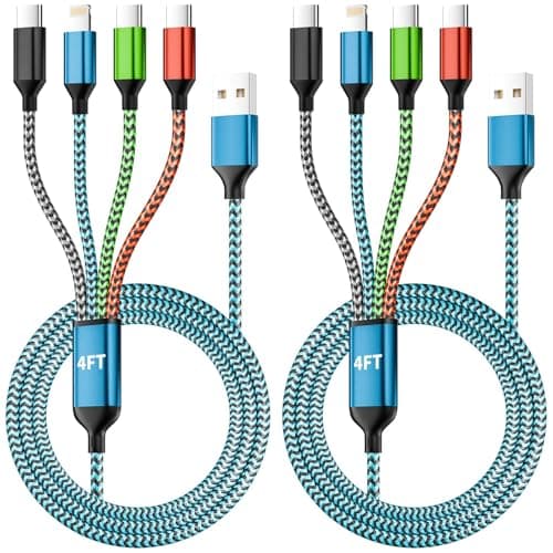 Travel Essentials, Dual Type-C 4 in 1 Multi Charging Cable 2 Pack 5FT Multi Charging Cables for All Devices,Charger Cord Adapter 2USB-C/IP Port for Cell Phones ( Blue&Black,USB A to 3 Type C+1IP ) - Image 1