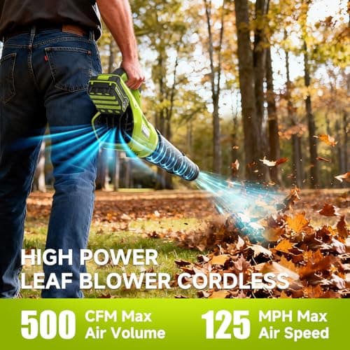 PULITUO Leaf Blower Cordless, 500CFM/ 125MPH Lightweight Cordless Blower with 2X 4.0 Batteries and Fast Charger, Variable Speed Battery Leaf Blowers for Lawn Care, Leaves, Grass, Patio, Yard - Thumbnail 2