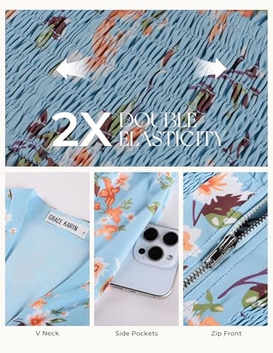 GRACE KARIN Womens Summer Maxi Floral Dress Casual 2026 Long Zipper Dresses Boho Flowy Beach Vacation Sundress with Pockets Light Blue Floral XL - Thumbnail 5