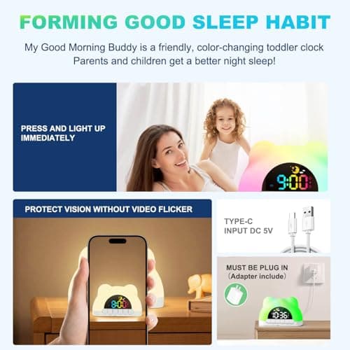 Azyh Alarm Clock for Kids, Ok to Wake Clock with Green Light Red Light, Children's Sleep Trainer,10 Ringtones,3 Brightness, Dual Alarms, Digital Alarm Clock for Adults Boy Girl Toddler Bedroom - Thumbnail 6