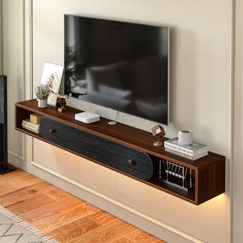 Furninova Floating TV Stand,Wall Mounted Entertainment Center for 65 Inch TV,Plywood Floating Media Console with 1 Flip Down Door & Cable Management,Modern Space Saving TV Shelf,55 Inch,Walnut & Black - Image 1