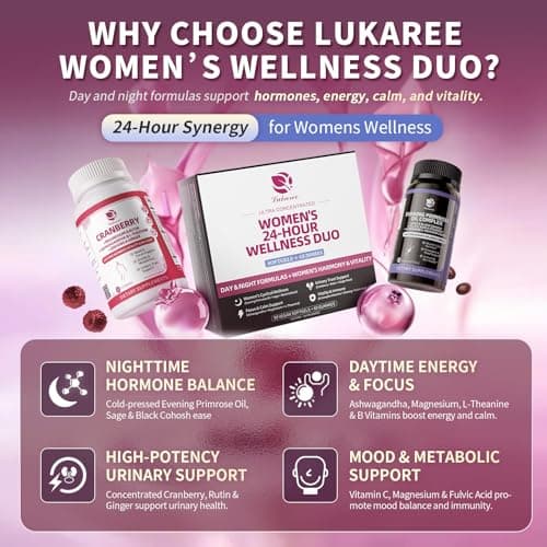 Lukaree Evening Primrose Oil & Cranberry Wellness Duo – Supports Urinary Health, Hormonal Balance, Skin Health, Stress Relief, and Relaxation – Daytime Clarity & Nighttime Calm – 30-Day Supply - Thumbnail 3