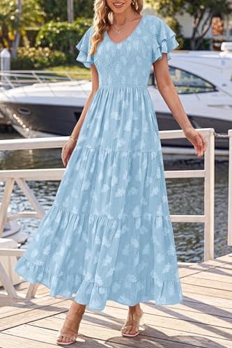 dowerme Maxi Dresses for Women 2026 Summer Ruffle Sleeve V Neck Smocked A Line Floral Boho Tiered Sundress Spring Outfit(Light Blue,Medium) - Thumbnail 5