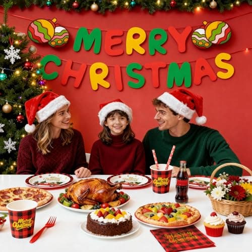 TOTOMA Christmas Party Decorations Paper Plates & Napkins 25 Guest, Disposable Plates Set, Holiday Paper Plates, Napkins, Cups with Golden Print, Santa Driving Pattern, Straws, Banner for Christmas - Thumbnail 4