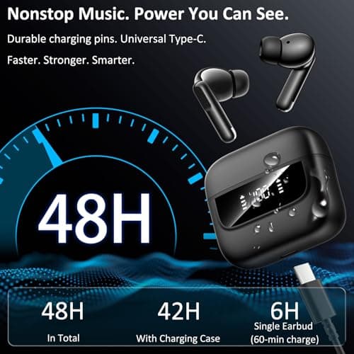 Wireless Earbuds Bluetooth 5.4, 6 Mic ENC Noise Cancelling Clear Call, in Ear Buds Deep Bass HiFi Stereo Sound, Big Dual LED Display 48H Playtime Earphones IPX7 Waterproof Headphones Android iOS Black - Thumbnail 6
