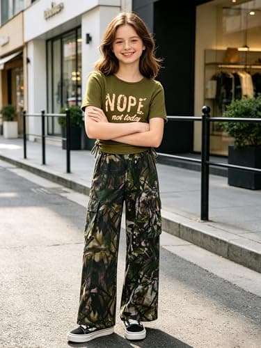 AMAWMW Girls Clothes Summer Outfits Short Sleeve Letter Print Ruched Tops and Cargo Pants Set Teen Clothing Army Green 15-16Y - Thumbnail 5