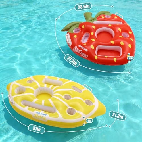 AURASUN Inflatable Strawberry Floating Tray with Drink Holders & Phone Slot for Pool, Beach, Lake, Hot Tub and Boats - Food & Drinks Float with Handles (RED) - Thumbnail 3