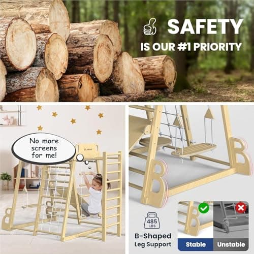 BlueWood Upgraded Indoor Jungle Gym 9-in-1 Playground Kids Climbing Toys, Waldorf Style Wooden Climber Playset with Slide, Swing, Monkey Bars, Upright/Rope Ladder, Climb Net, Natural Wood Color - Thumbnail 5