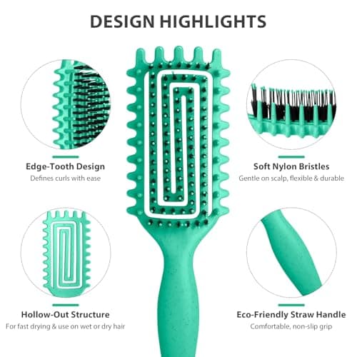 Inpoipsor Curly Hair Brush, Curl Defining Brush for Women and Men, Effortless Detangling and Shaping for Curls, Waves and Coils, Reduces Pulling, Smooth Results (Green) - Thumbnail 3