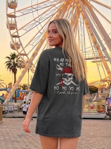 Pirate Shirt Women Vintage Graphic Oversized Skeleton Shirt Funny Casual Skull Short Sleeve Top - Thumbnail 3