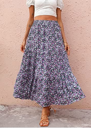 KIRUNDO Women 2026 Spring Summer High Waist Boho Floral Maxi Skirt Trendy Casual Flowy Swing Pleated A Line Beach Long Skirts(Black Purple, X-Large) - Thumbnail 4