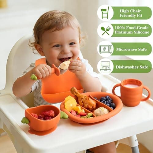 COZY ROCK Silicone Baby Feeding Set, Carrot Design BLW Toddler Feeding Set with Suction Plate & Bowl, Bib, Fork & Spoon, 2-in-1 Straw and Snack Cup, BPA-Free Baby Tableware for Starting Solids - Thumbnail 3
