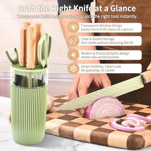 TOPLUCKY Knife Set, 6-Piece Kitchen Knife Set with Sharp Chef and Meat Knives, Anti-Rust Utility Knives Set for Kitchen, Kitchen Knife Block Set （Green） - Thumbnail 5