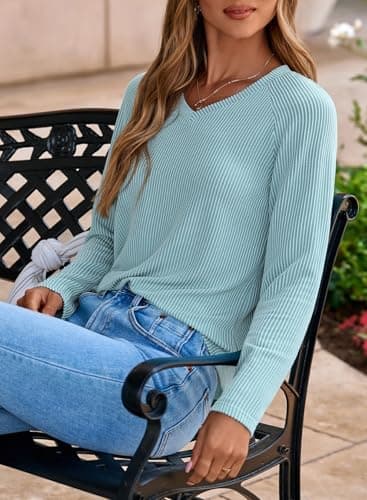 Dokotoo V Neck T Shirts for Women Loose Ribbed Vacation Cruise Outfits for Women 2026 Waffle Knit Women's Blouses School Clothes Plain Tops Womens Resort Wear Womens Tops Dressy Casual Canton Medium - Thumbnail 5