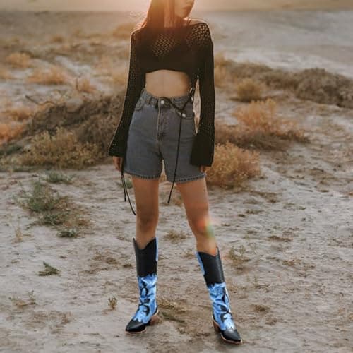 Cozivwaiy Women Denim Cowboy Boots Patchwork Knee High Cowgirl Boots Western Black Boot Mid Calf Jean Blue Boot Pointed Toe Chunky Heel Pull On Size 10 - Thumbnail 2