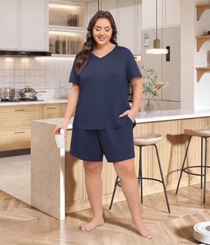 Lastshe Womens Plus Size Pajama Set 2 Piece Soft V Neck Short Sleeve with Pockets Summer Shorts Sleepwear Pjs Lounge Set,Dark Blue-3X - Thumbnail 5