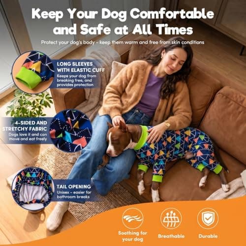 LovinPet Dog PJS Onesies for Medium Dogs, Blue Triangle Print, Post Surgery Shirt, UV Protection, Pet Anxiety Relief, Wound Care Onesie for Large Dog,Large - Thumbnail 5