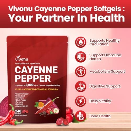 VivoNu Cayenne Pepper Softgels Supplement, Supports Leg Vein, Heart and Blood Vessel Health, with Vitamin E D3+K2 and Extracts of Grape Seed, Hawthorn, Beetroot, Berberine (Softgel / 1 Bag) - Thumbnail 4