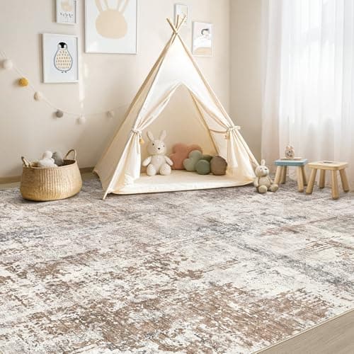 UERMEI Area Rug Living Room Rugs - Washable Neutral Modern Abstract Soft Thin Rug Indoor Floor No Slip Rug Carpet for Bedroom Under Dining Table Home Office Decor - Brown/Grey/Red - 5x7 - Thumbnail 4