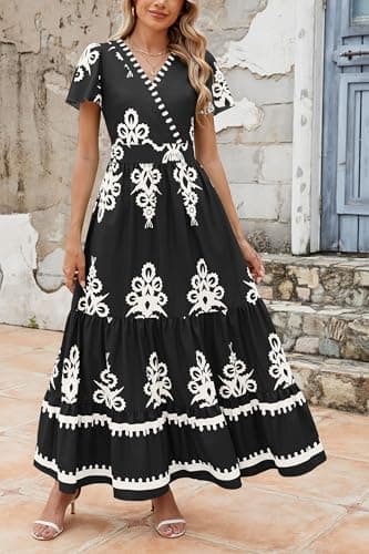 PRETTYGARDEN Womens 2026 Summer Casual V Neck Boho Maxi Dress Flowy Aline Bell Sleeve Tiered Floral Dresses with Pocket (Floral Black White,XX-Large) - Thumbnail 4