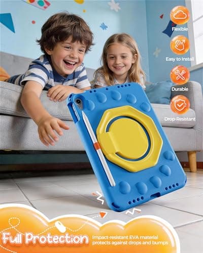 ProCase Kids Case for iPad A16 11th Gen/iPad 10th Gen 10.9 inch/iPad Air 11 inch M4 M3 M2/ Air 5th/ Air 4th, Shockproof Cover with Pencil Holder, Ring Stand Handle, Shoulder Strap -Blue & Yellow - Thumbnail 3