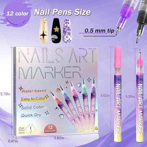 Hinourisha12pcs Nail Art Pens Sets, Nail Art Marker, 0.5mm Fine Tip Easiest Color Pens for Beginners painting nails, Nail Polish Pen Quick-drying Waterproof, Valentines Day Gifts for girls - Thumbnail 6