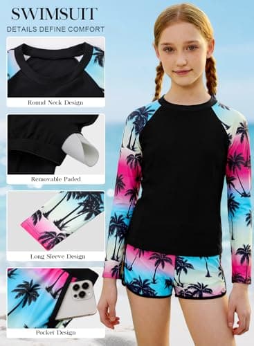 Alakuoti Girls Rash Guard Swimsuit Two Piece Bathing Suit UPF 50+ Sun Protection Long Sleeve Swimwear Size 6 Black Palm Tree - Thumbnail 3