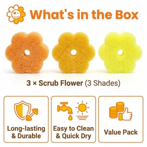 Scrub Flower Temperature Sensitive Sponges -Non-Scratch Scrubbers for Kitchen & Home - Firm in Cold & Soft in Warm Water - Odor Resistant Color-Coded Dish Sponges (Golden Sunflower, 3 Count) - Thumbnail 2
