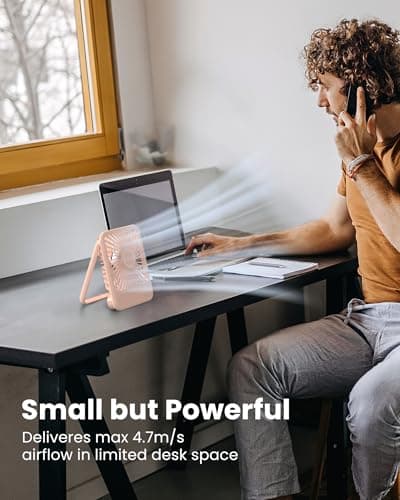 Koonie Desk Fan, Ultra Quiet 2.5-11h Battery Operated Small USB Fan with Strong Wind, 180° Tilt Folding and 3 Speeds Adjustable, Battery Powered Mini Personal Fan for Office Bedroom Desktop Pink - Thumbnail 2