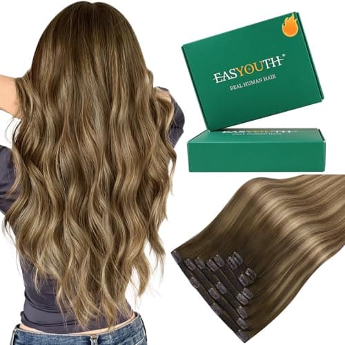 Easyouth Clip in Hair Extensions Human Hair Balayage Clip in Hair Extensions Dark Brown Fading to Caramel Blonde Mix Brown Balayage Smooth Texture Hair Extension Clips ins 14 Inch 85G 7Pcs - Image 1