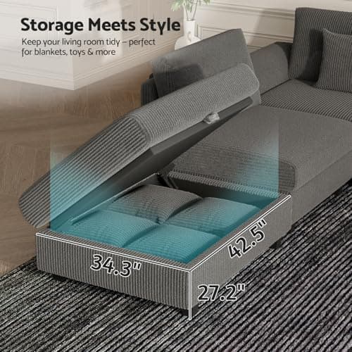 Oversized Modular Sectional Sofa with Storage, Modern Sleeper Sofa, Extra Deep Seat Comfy Corduroy Cloud Couch with Ottoman and 5 Pillows for Living Room (U Shape Sectional with Storage, Grey) - Thumbnail 3