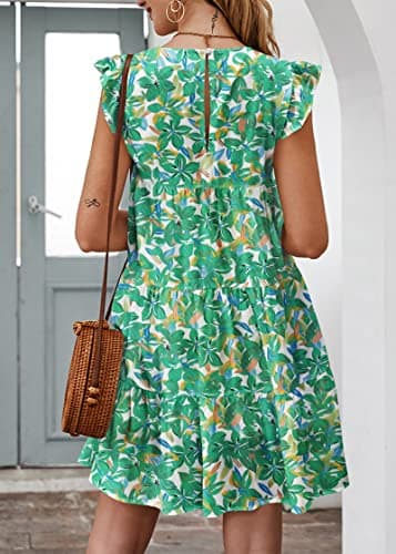 KIRUNDO Tropical Dresses for Women Summer Sleeveless Boho Floral Mini Sundress Ruffle Sleeve Round Neck Loose Short Flowy Pleated Babydoll Dress, Floral3-green, Small - Thumbnail 5