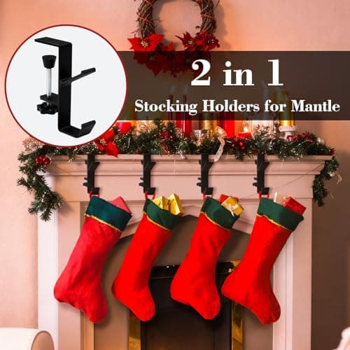 ANOEPUY 4 Pack Stocking Holders for Mantle for Christmas Decorations,2 in 1 Mantle Garland Holder for Hanging Christmas Stockings,No Drilling Required & Adjustable Garland Hanger, Metal(Black) - Thumbnail 4