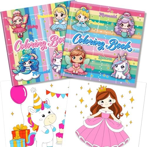 Kalysky 2Pcs Coloring Book for Girls, Cute Princess Unicorn Mermaid Coloring Books for Kids Ages 4-8, Easy Coloring Pages with Magical Themes for Birthday Christmas Gift