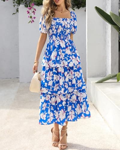 BTFBM Womens Square Neck Smocked Dress Summer Puff Short Sleeve Floral Casual Ruffle Tiered Maxi Wedding Guest Dresses(Floral Blue White, Small) - Thumbnail 5
