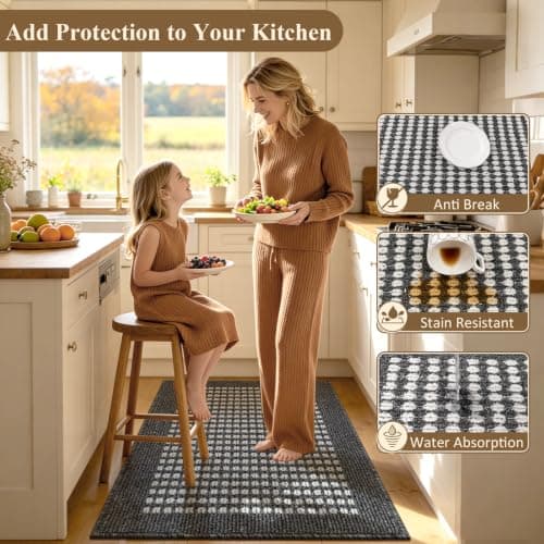 Ileading Kitchen Mat Sets 3 Piece Minimalist 3D Lattice Kitchen Floor Rugs with Non Slip Rubber Backing Machine Washable Farmhouse Runner Rugs for Laundry Hallway Doormat(Black) - Thumbnail 2