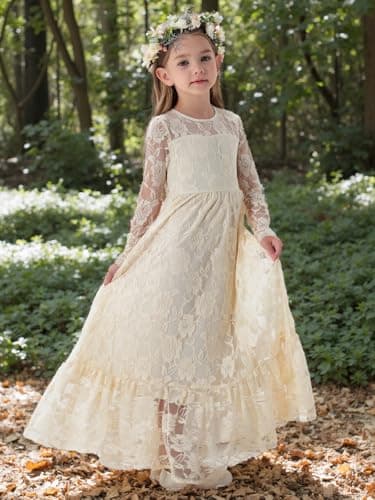 ALLOVIN Toddler & Girls Long Sleeve Lace Flower Girl Dress Maxi Boho A-Line Dress for Wedding Baptism 1st Communion | Light Yellow | 10-11Y - Thumbnail 4