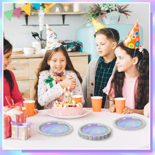 NatNarr 30 Pcs Iridescent Paper Plates Disposable 7 Inch Scalloped Holographic Plates Sliver Cake Dessert Plate for Birthday, Mermaid, Disco - Thumbnail 6