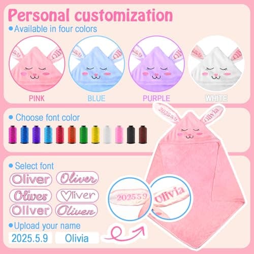 Individz Custom Hooded Bath Towel with Name, Personalized Highly Absorbent Bunny Towels, Baby Bath Towels for Girls Boys, Brithday for Baby, Toddler, Newborn (Pink-Bunny) - Thumbnail 4