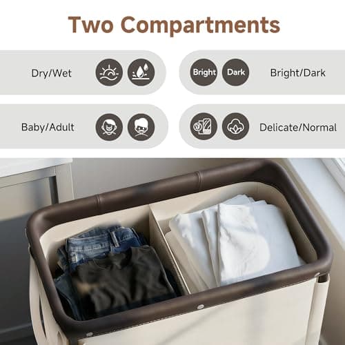 StorageWorks 2 Section Laundry Hamper, Rolling Laundry Cart with Wheels and Handles, Laundry Room Double Sorter for Organizer and Storage, 26.4 Gal(100L), Beige - Thumbnail 4