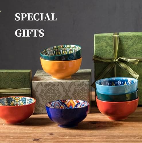 JINNTHE Bohemian Bliss 4.5-Inch Ceramic Bowls, Set of 4 - Colorful Dip Bowls, Salad Bowls, Snack Rice Bowls with Handcrafted Artisan Prints, Dishwasher & Oven Safe - Thumbnail 5