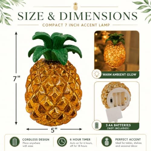 Mercury Glass Pineapple Lamp 7 Inch, Battery Operated LED Pineapple Light with Flashing & Steady Modes, 6-Hour Timer, Tropical Table Decor for Home, Bedroom, Tiki Bar, Coastal Decor Gift - Thumbnail 5