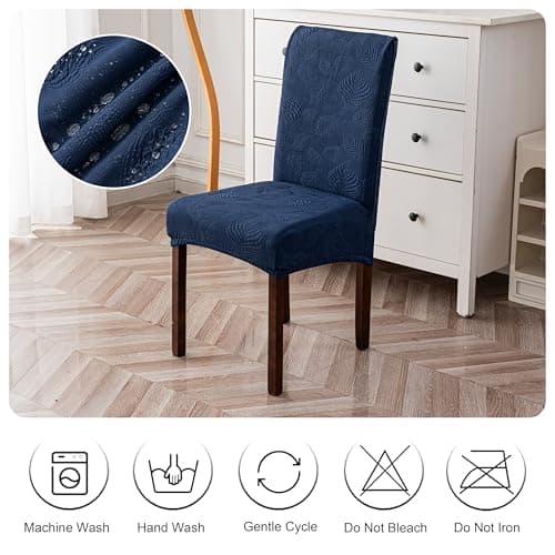 Genina Waterproof Dining Chair Covers Set of 8,Stretch Dining Room Chair Slipcovers with Leaf Jacquard,Removable Kitchen Chair Protector for Home,Restaurant,Banquet-Navy Blue - Thumbnail 5
