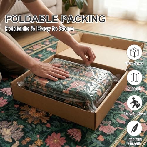 Cnythlis 9'x12' Washable Non-Slip Extra Large Living Room Rug, Vintage Botanical 0.26" Low Pile Faux Wool Soft Water Resistant Carpet, Dark Green - Thumbnail 6