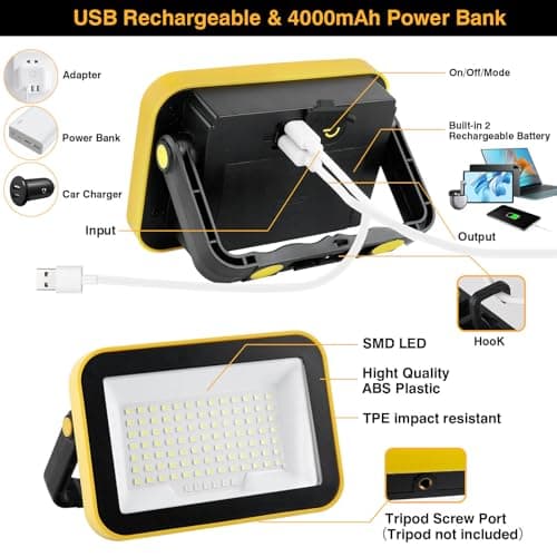 AUMIO Rechargeable Work Light with Tripod Hole, 2-Pack LED Battery Work Lightings, 40W Waterproof Portable Flood Light Cordless Job Site Lighting 180° Rotate for Garage Camping Car Repairing - Thumbnail 4