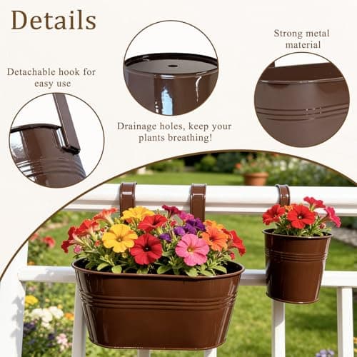 Joyfernal Set of 6 Balcony Hanging Planters, 2 Pcs 17" Metal Railing Flower Pots & 2 Pcs 12" Deck Planter & 2 Pcs 4" Fence Pot for Outdoor Patio Garden Décor, Chocolate - Thumbnail 3